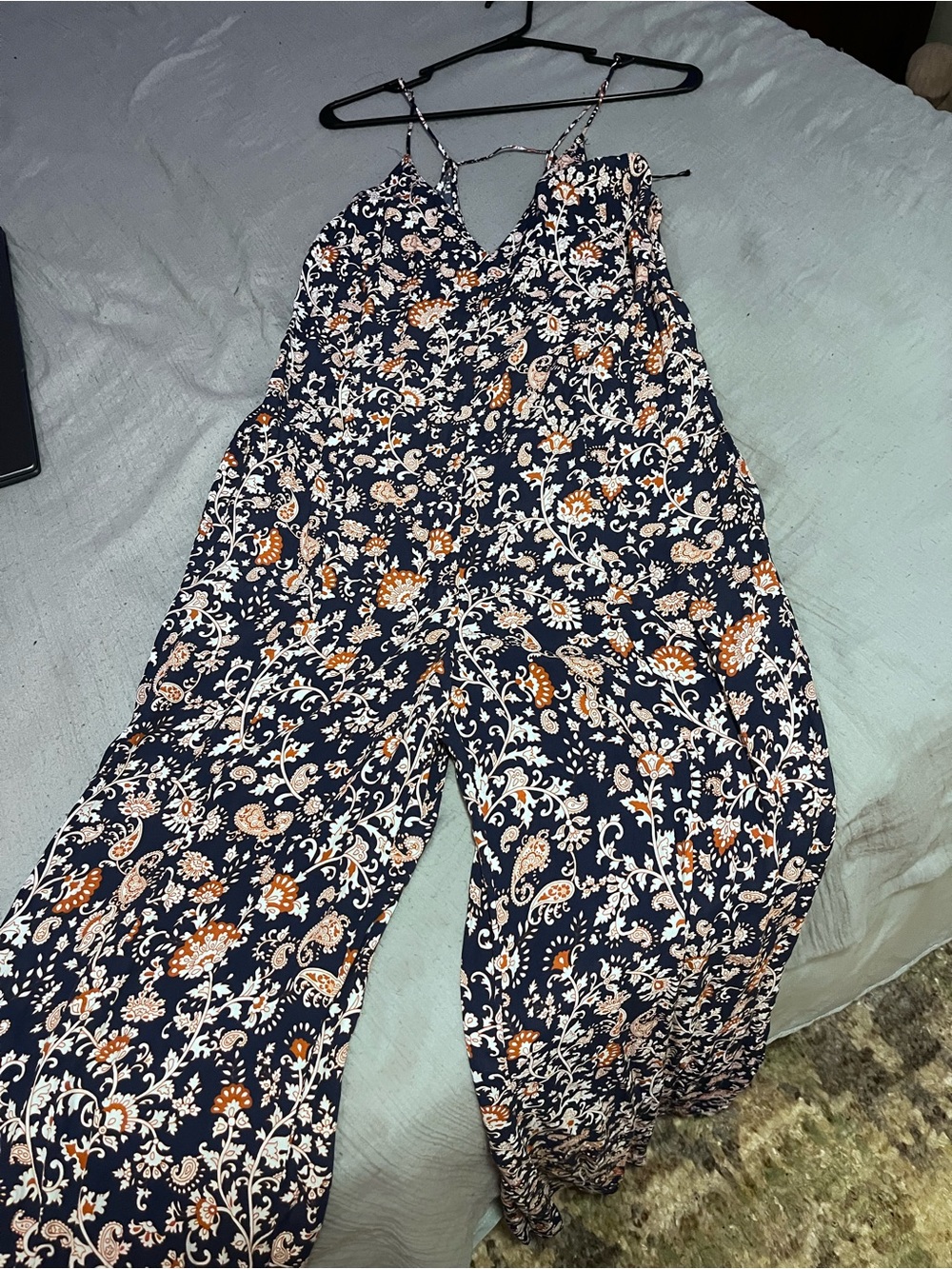 Zara Navy Floral Spaghetti-Strap Jumpsuit with Rust Accents